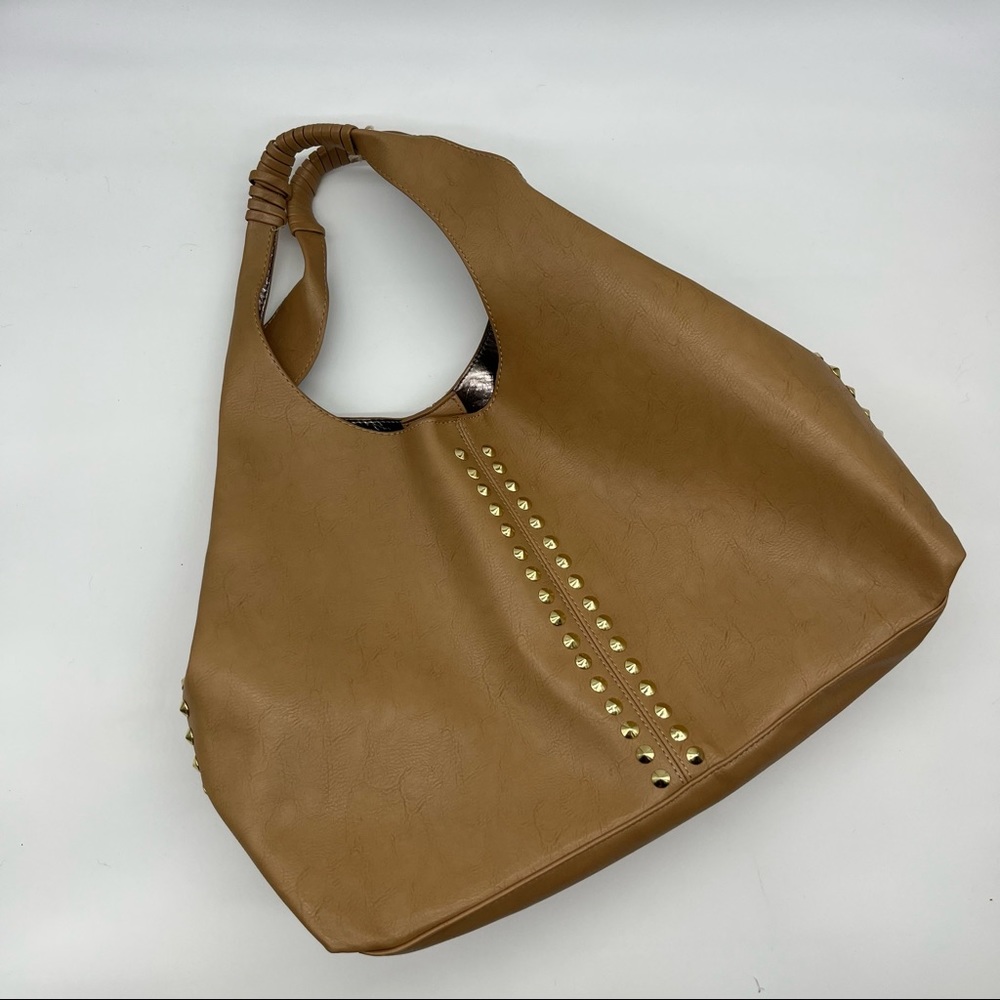 Gianni Bini Carmel Sand Brown Gold Studded Circle Occasion Slouchy Hobo Bag